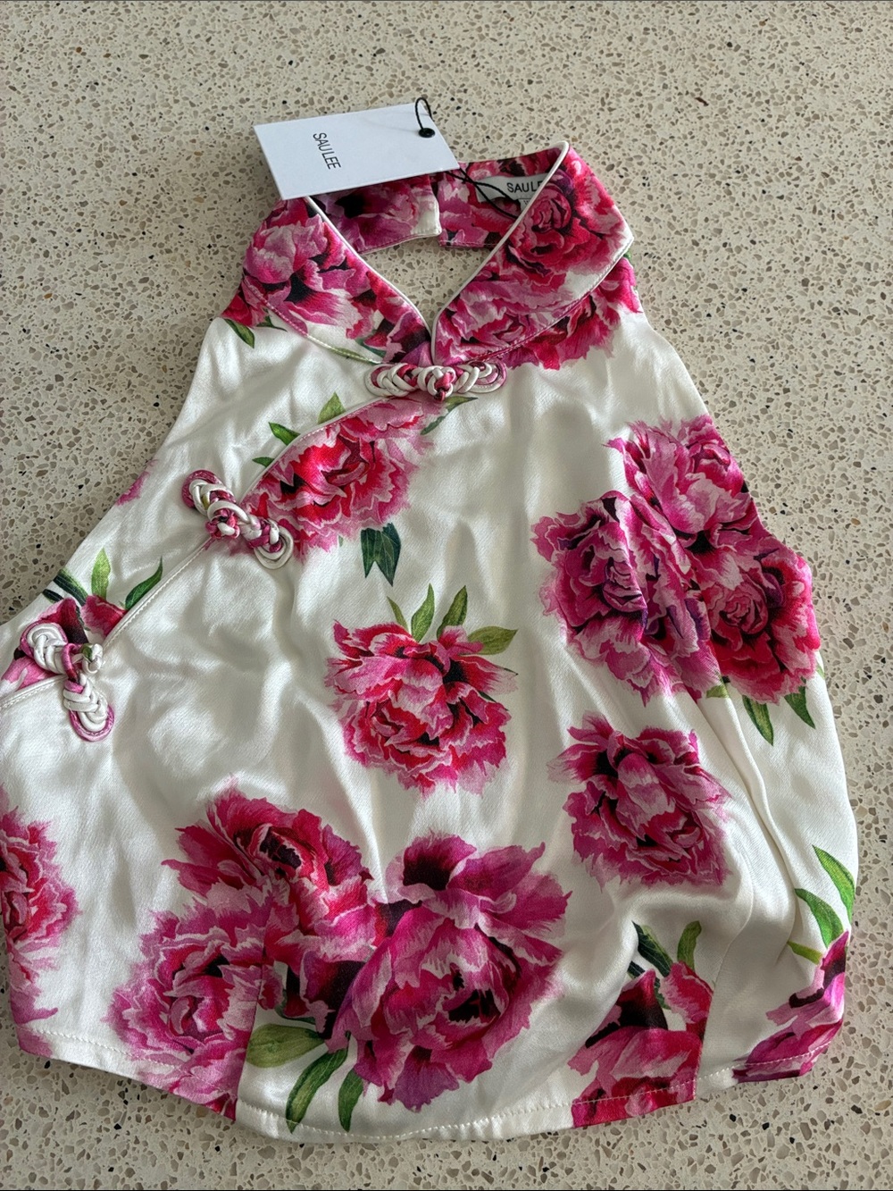 SAU LEE Pink Floral Halter Satin Tank Top